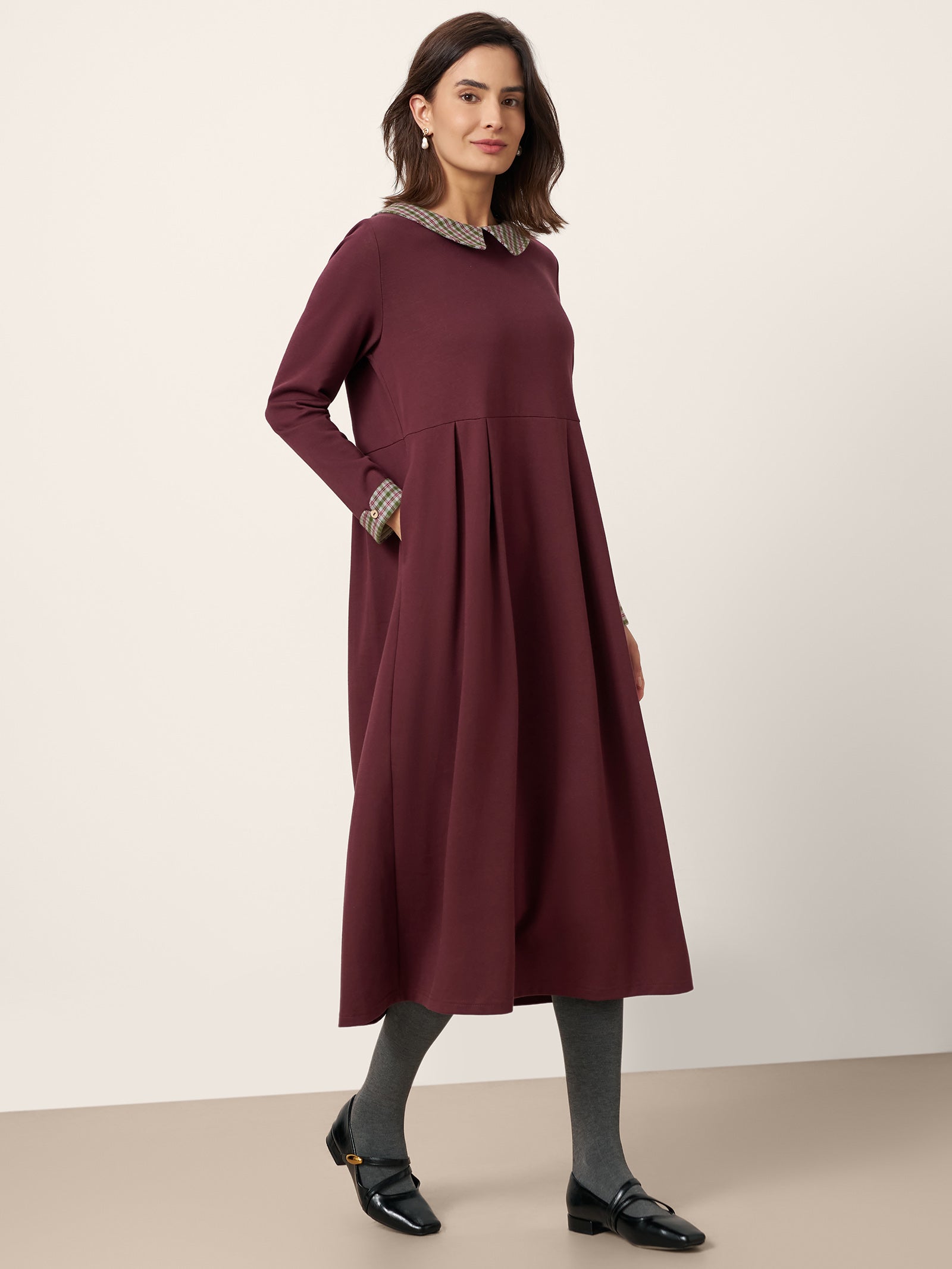 Cotton Plaid Peter Pan Collar Midi Dress CARLA