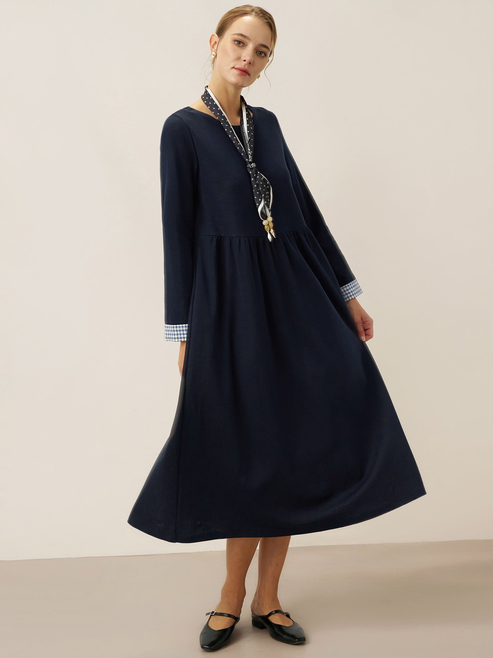 Organic Cotton Patchwork Cuff Crew Neck Casual Maxi Dress SCARLETT