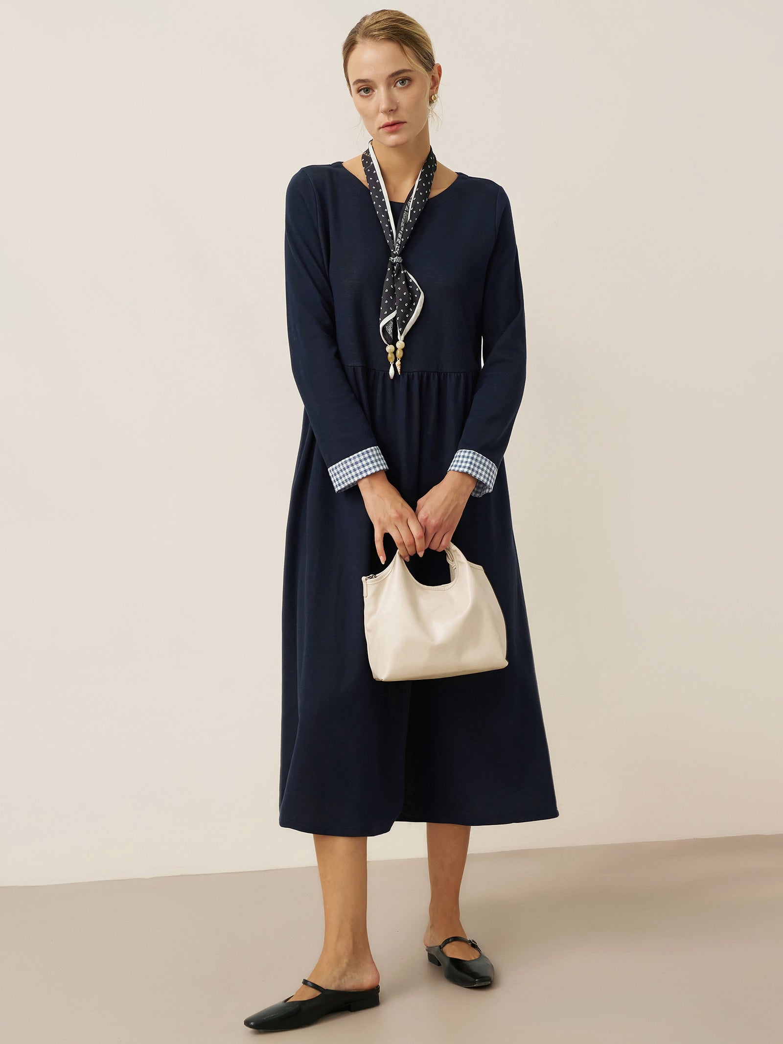 Organic Cotton Patchwork Cuff Crew Neck Casual Maxi Dress SCARLETT