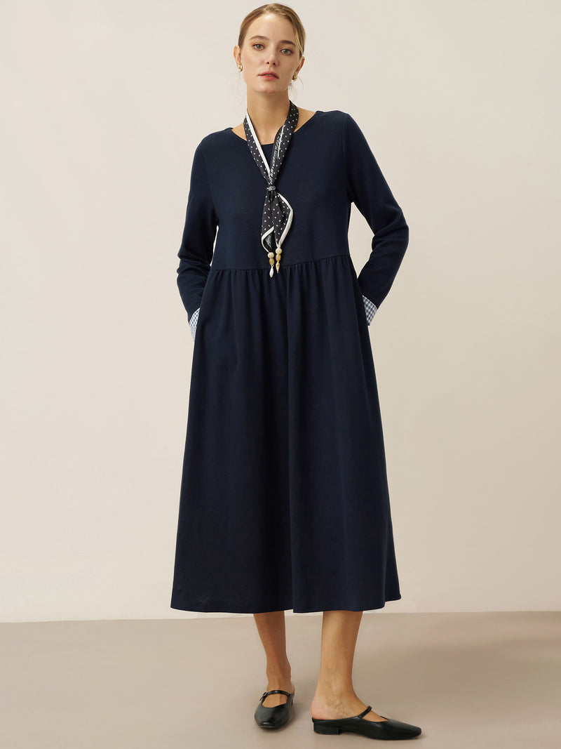 Organic Cotton Patchwork Cuff Crew Neck Casual Midi Dress SCARLETT