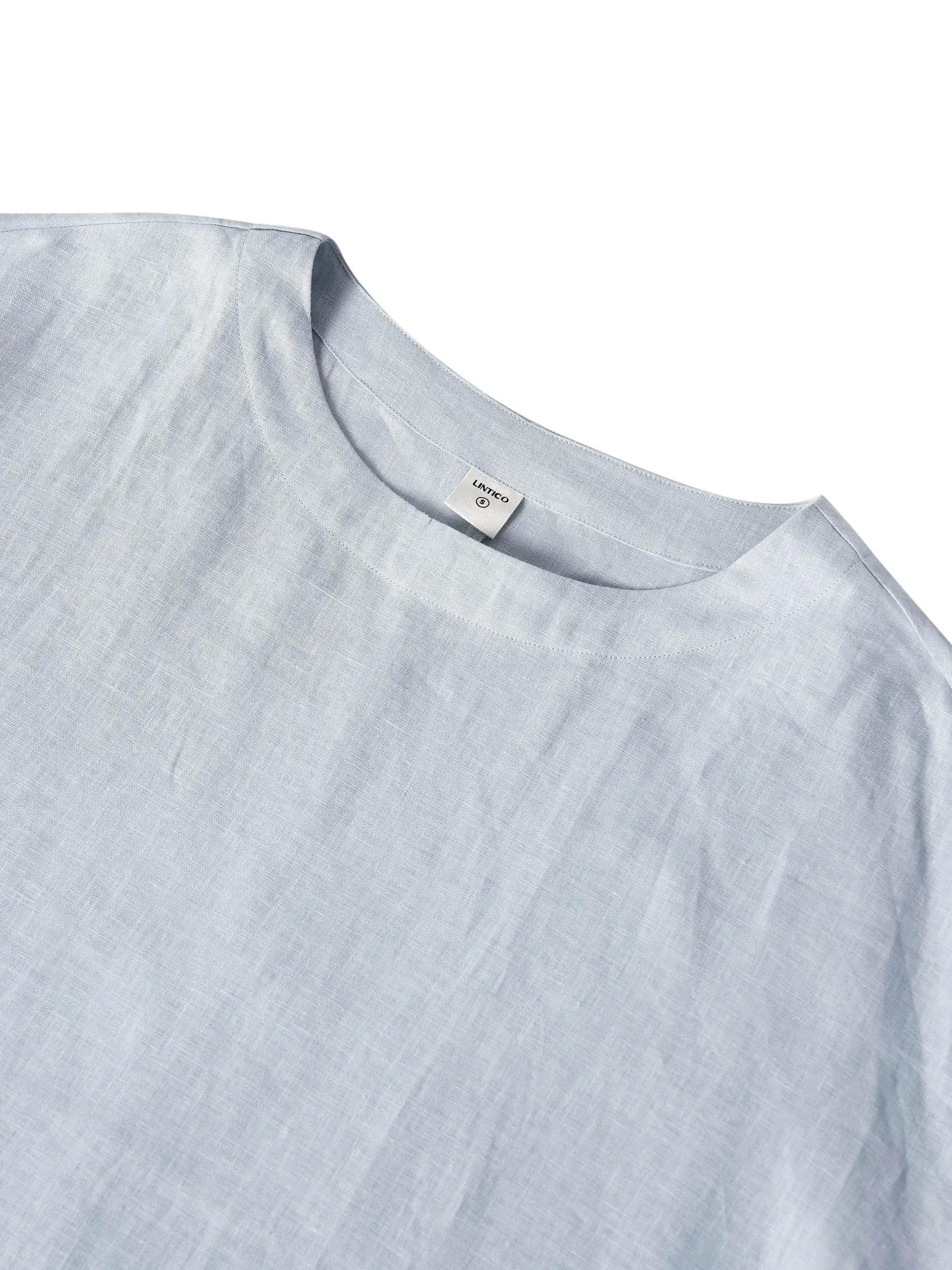 100% Linen Gingham Checked Boatneck 3/4 Length Sleeve Top - TOPS-Linen Blouses