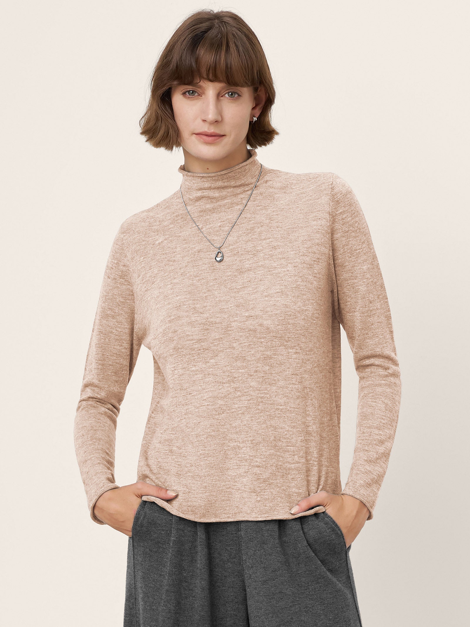100% Extra-Fine Merino Wool Mock Neck Sweater with Rolled Edge ELA by LINTICO for women