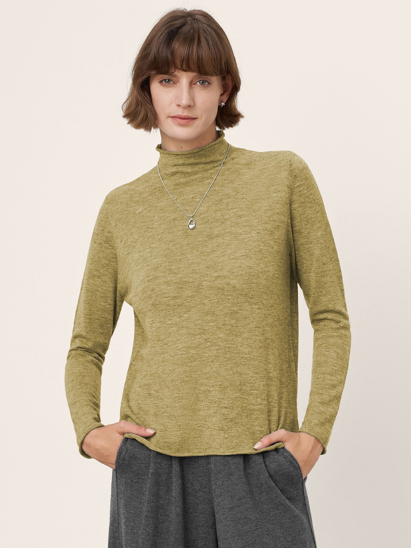 100% Extra-Fine Merino Wool Mock Neck Sweater with Rolled Edge ELA by LINTICO for women