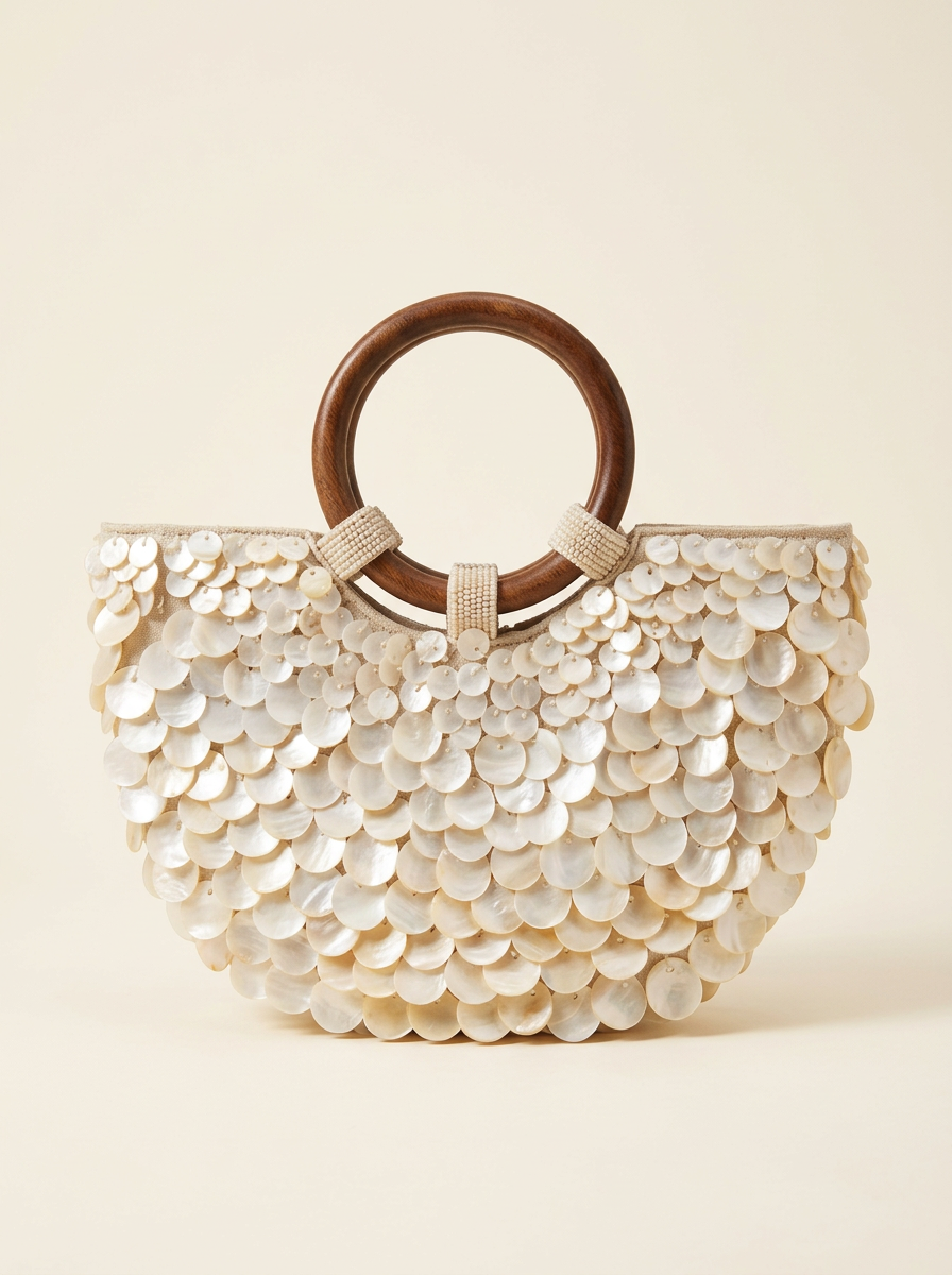 Handmade Shell Handbag Pearl Shell Tote Bag Wooden Handle