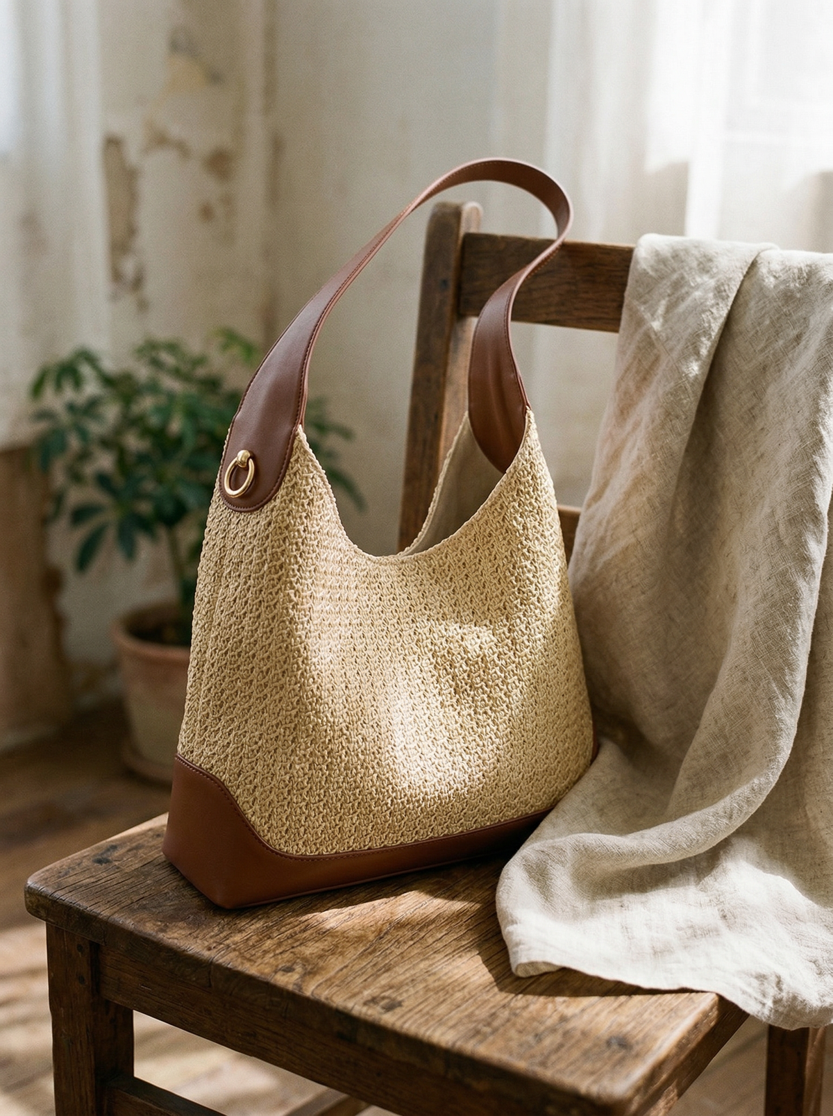Artisanal Handwoven Colorblock Bucket Bag for Effortless Coastal Style by LINTICO for women