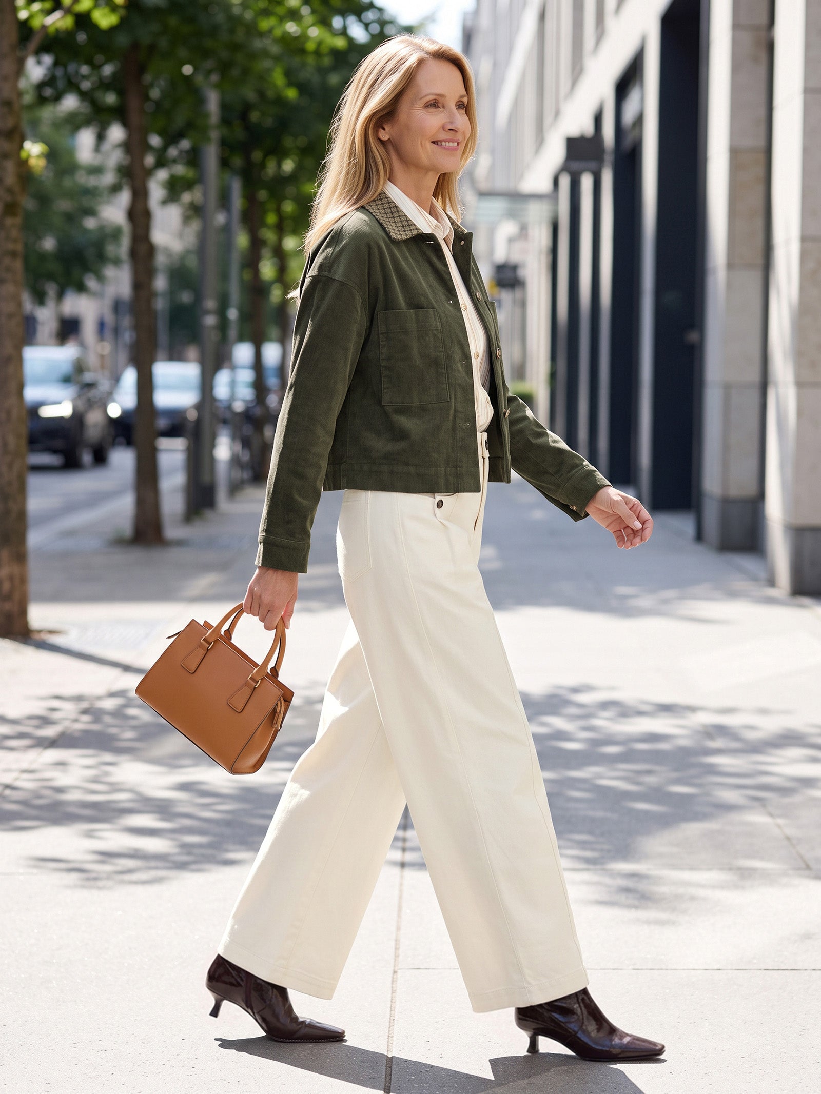 Cotton Mid Waist Curved Leg Pants LORENA in Ivory White