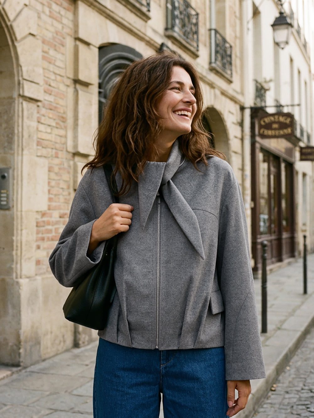 Model wearing Wool Modular Scarf Collar Jacket MARIELA in Charcoal Grey