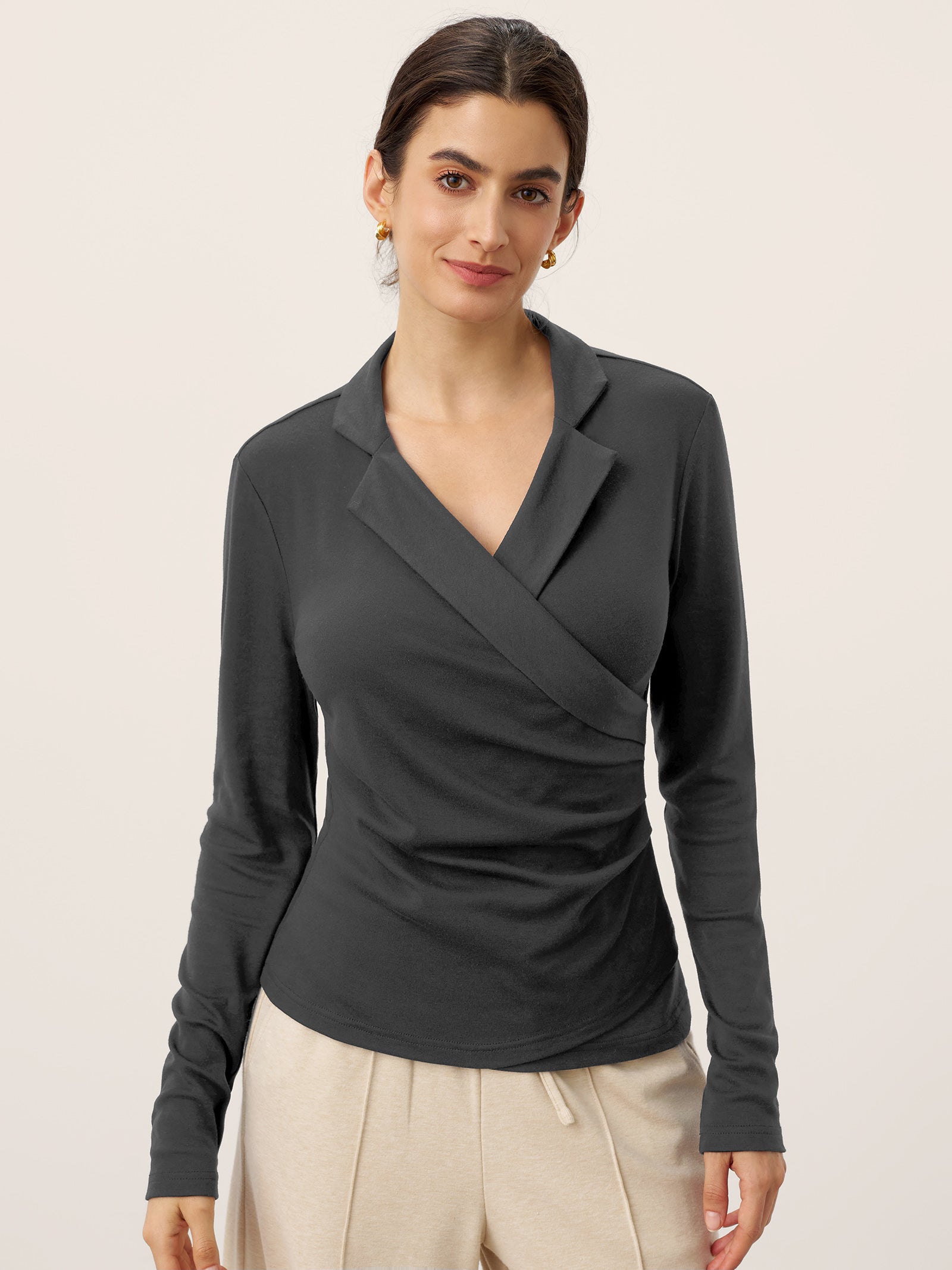 Wool Asymmetric Side Ruched Stretch Top BRIONY