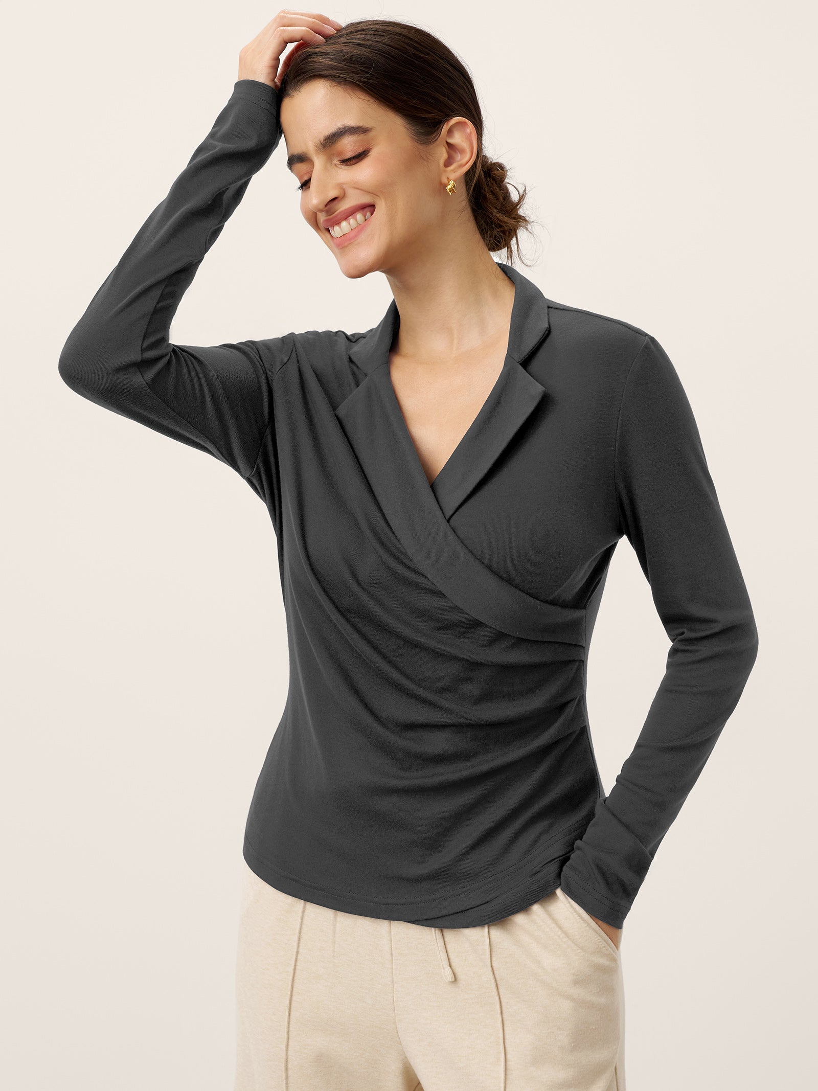 Wool Asymmetric Side Ruched Stretch Top BRIONY