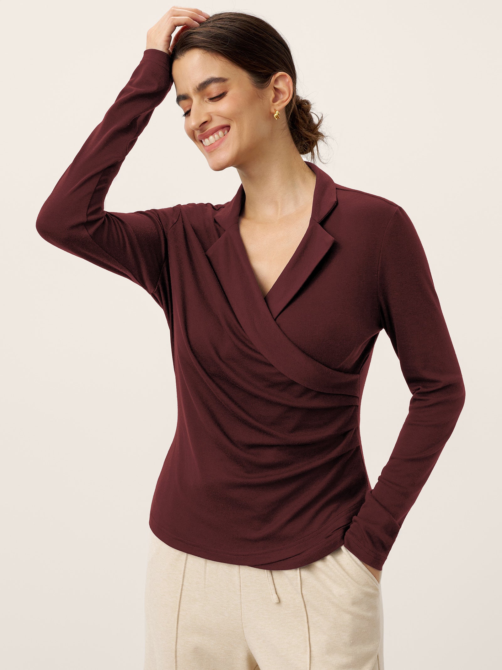 Wool Asymmetric Side Ruched Stretch Top BRIONY