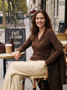 Model wearing Wool Asymmetric Side Ruched Stretch Top BRIONY in Sweet Hazelnut