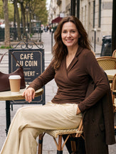 Model wearing Wool Asymmetric Side Ruched Stretch Top BRIONY in Sweet Hazelnut