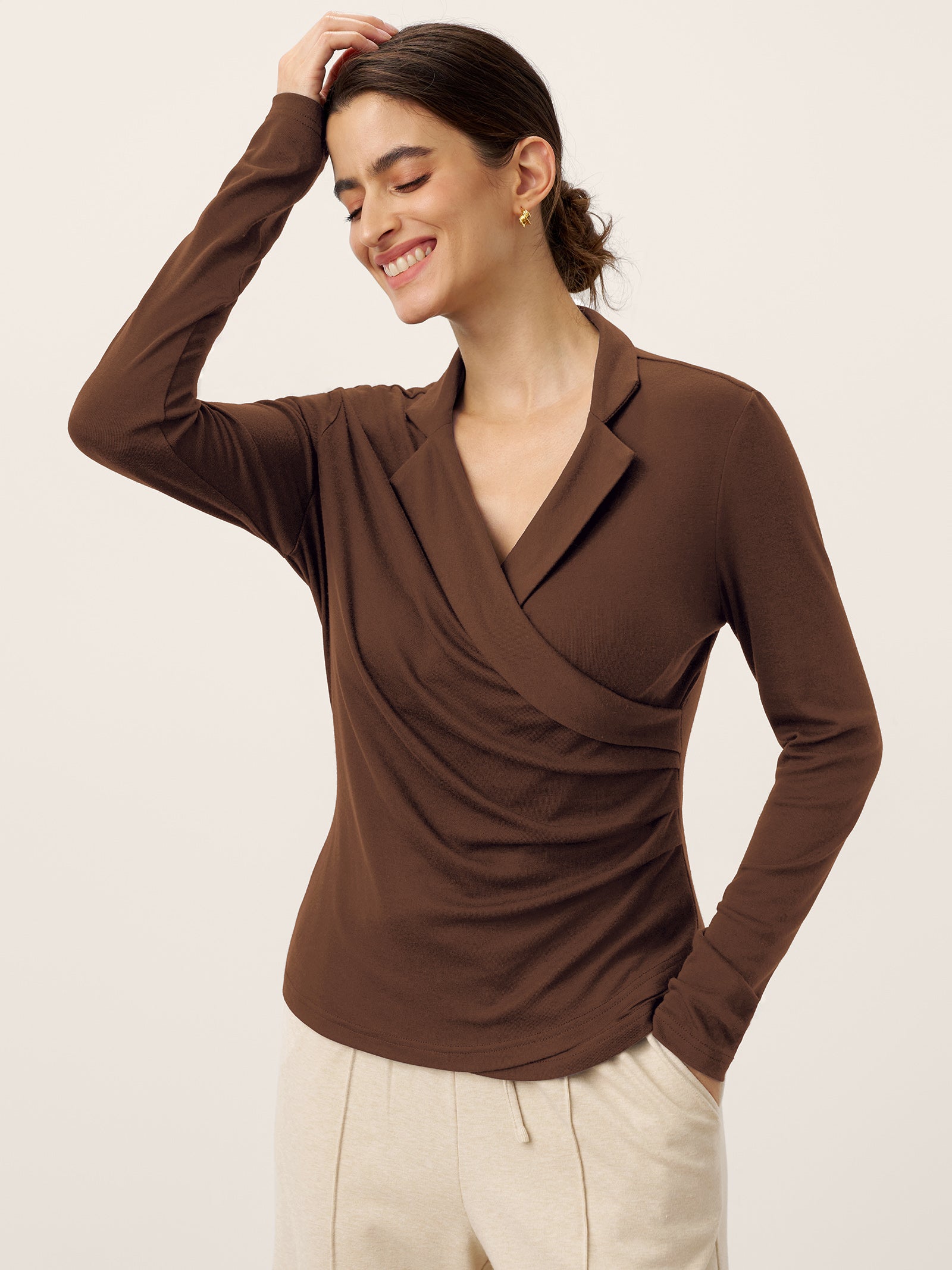 Wool Asymmetric Side Ruched Stretch Top BRIONY