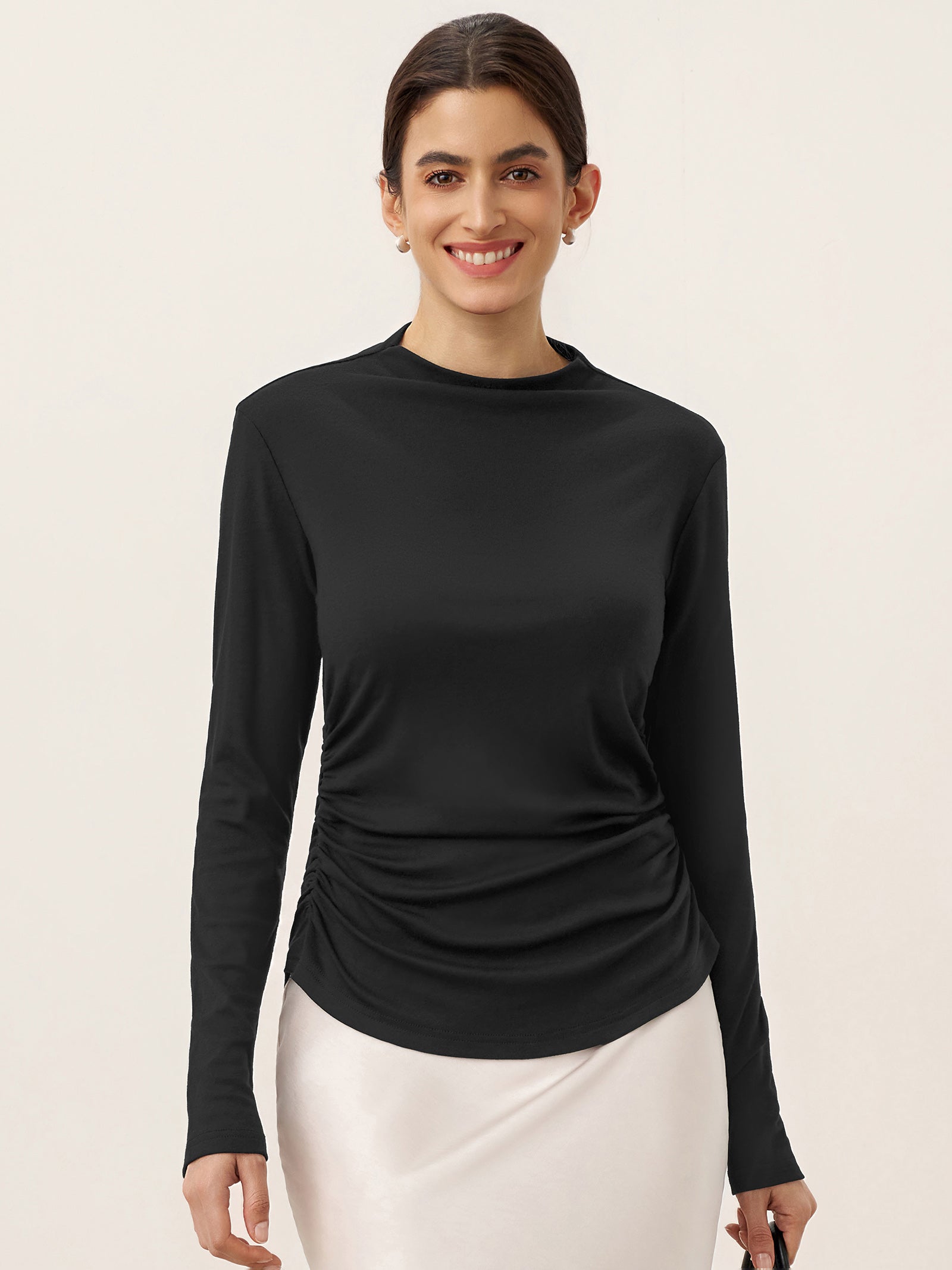 Wool Mock Neck Waist Pleat Top ISOLDE by LINTICO for women
