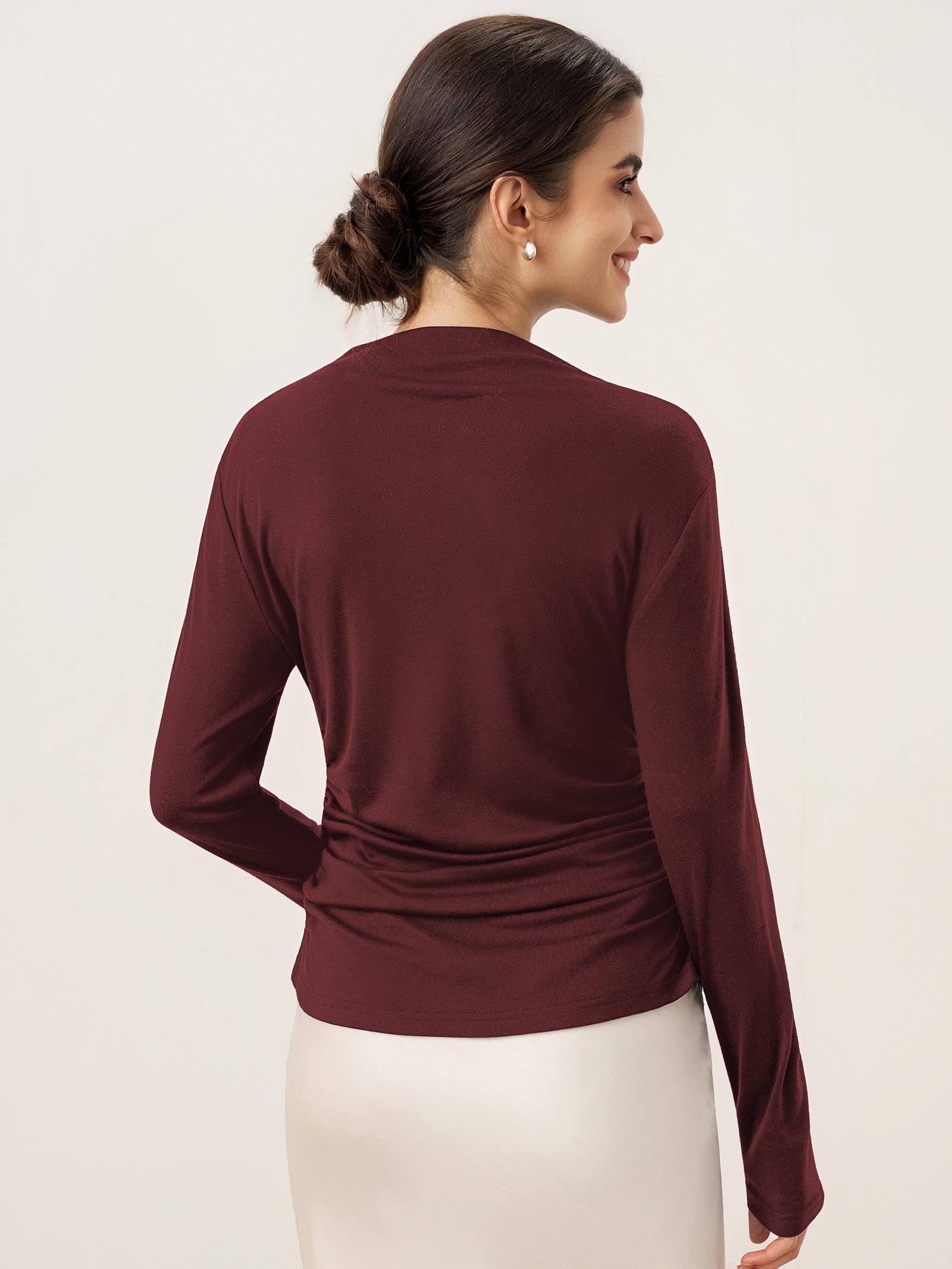 Wool Mock Neck Waist Pleat Top ISOLDE by LINTICO for women