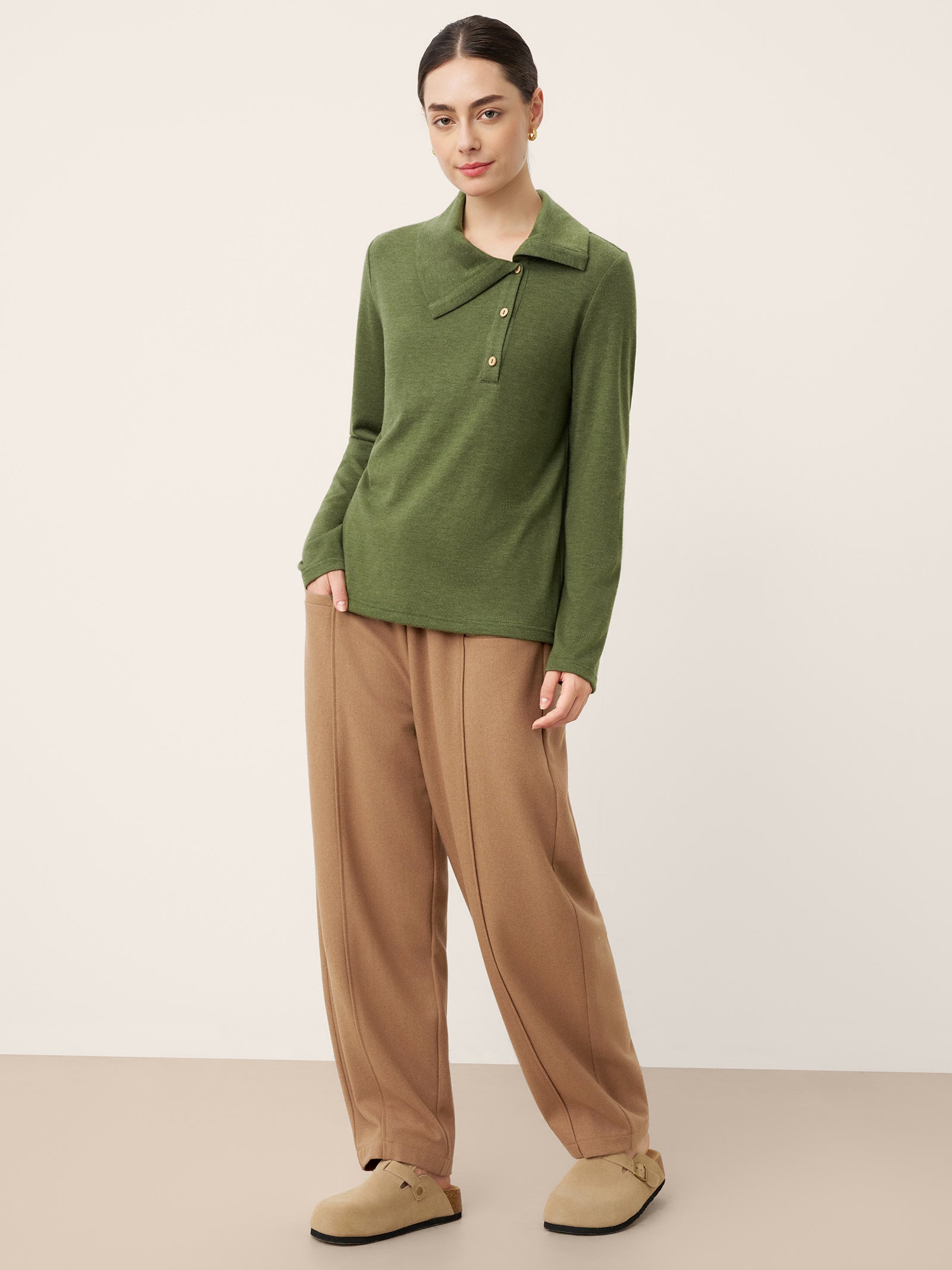 Wool Asymmetric Lapel Fruit Button Decor Top YSABEL