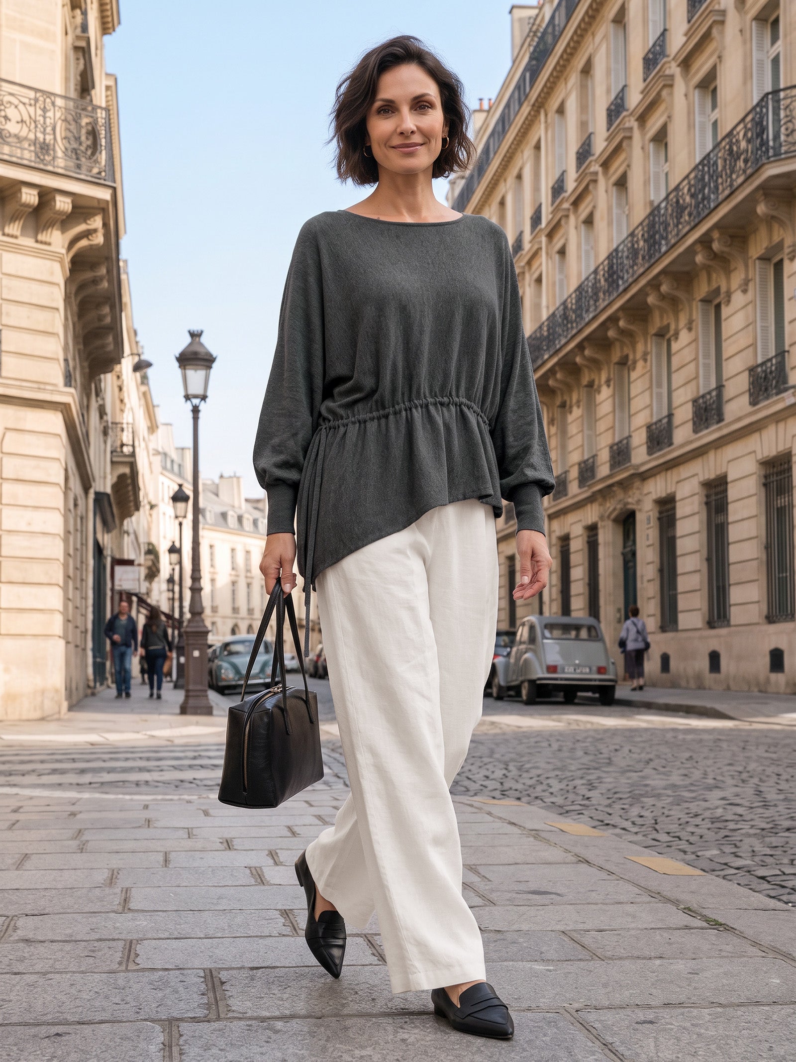Charcoal Grey Wool Asymmetric Drawstring Hem Loose Top WREN