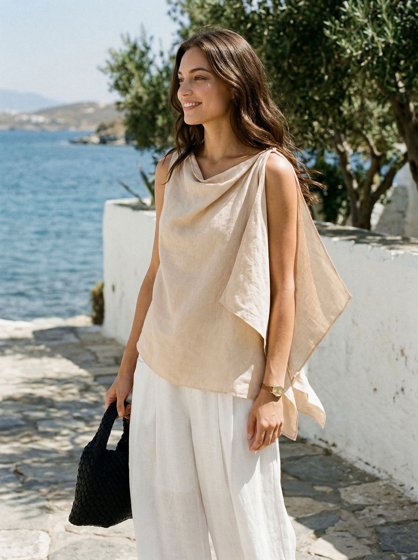 100% Linen Cowl-Neck Asymmetric Top LEVINA by LINTICO for women
