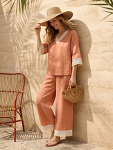 100% Linen Lace-Trim V-Neck Top KEELY by LINTICO for women