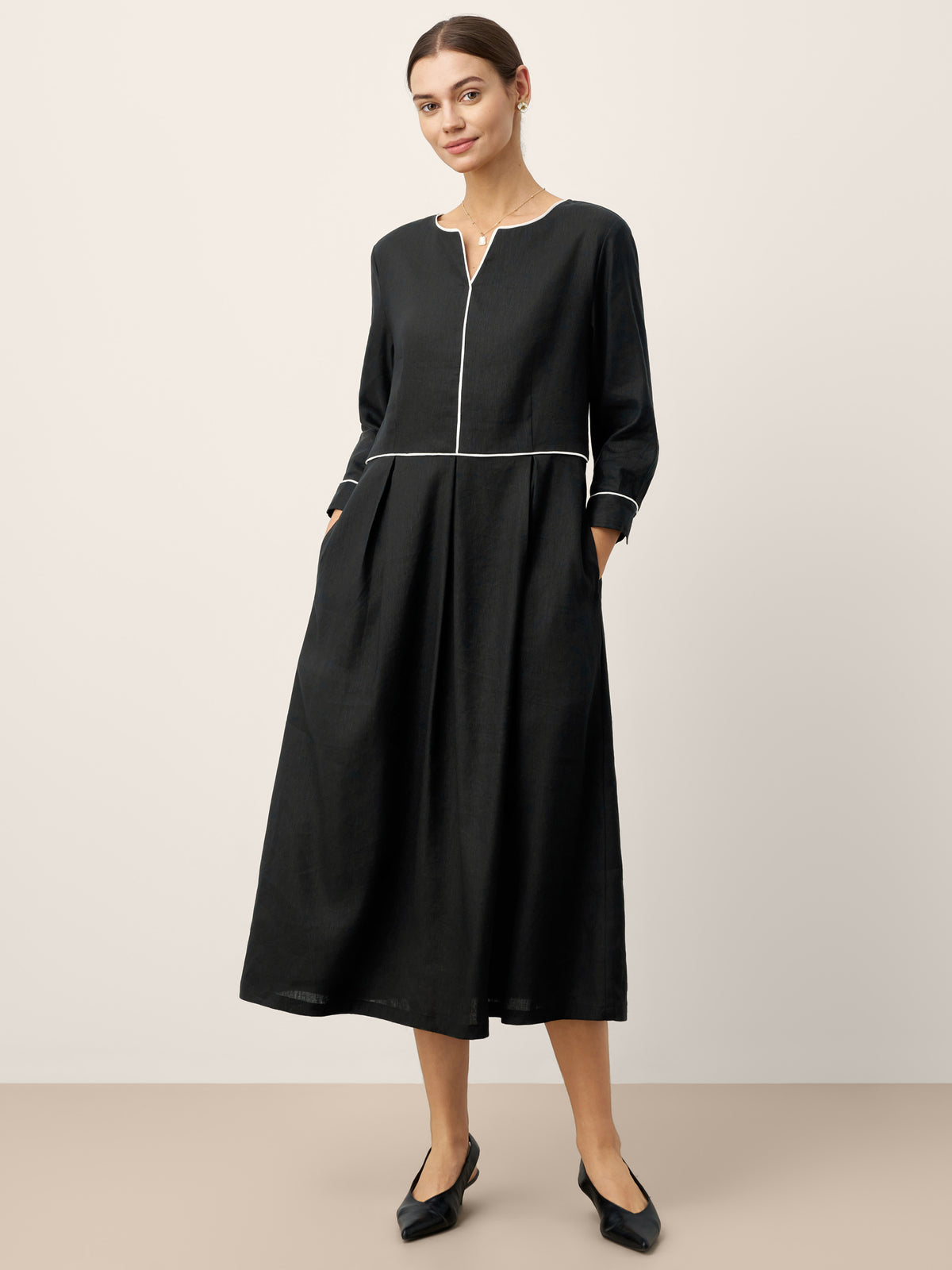 Linen Lyocell Contrast Trim Gathered Midi Dress NYX