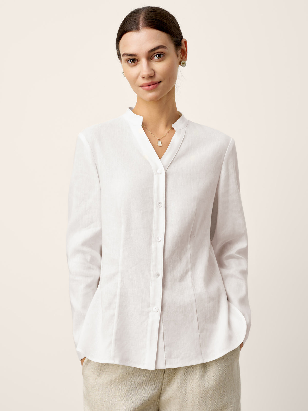 Linen Lyocell Mandarin Collar Fitted Seam Shirt THORA