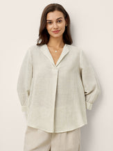 Linen-Lyocell Striped Lapel Inverted Pleat Pullover Top MARGOT by LINTICO for women