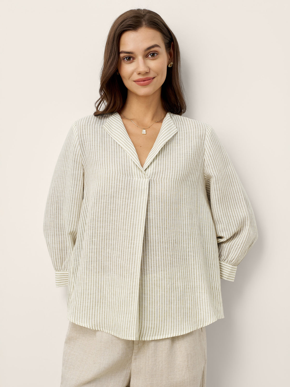 Linen-Lyocell Striped Lapel Inverted Pleat Pullover Top MARGOT by LINTICO for women