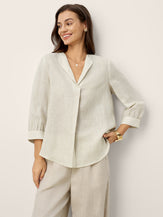Linen-Lyocell Striped Lapel Inverted Pleat Pullover Top MARGOT by LINTICO for women