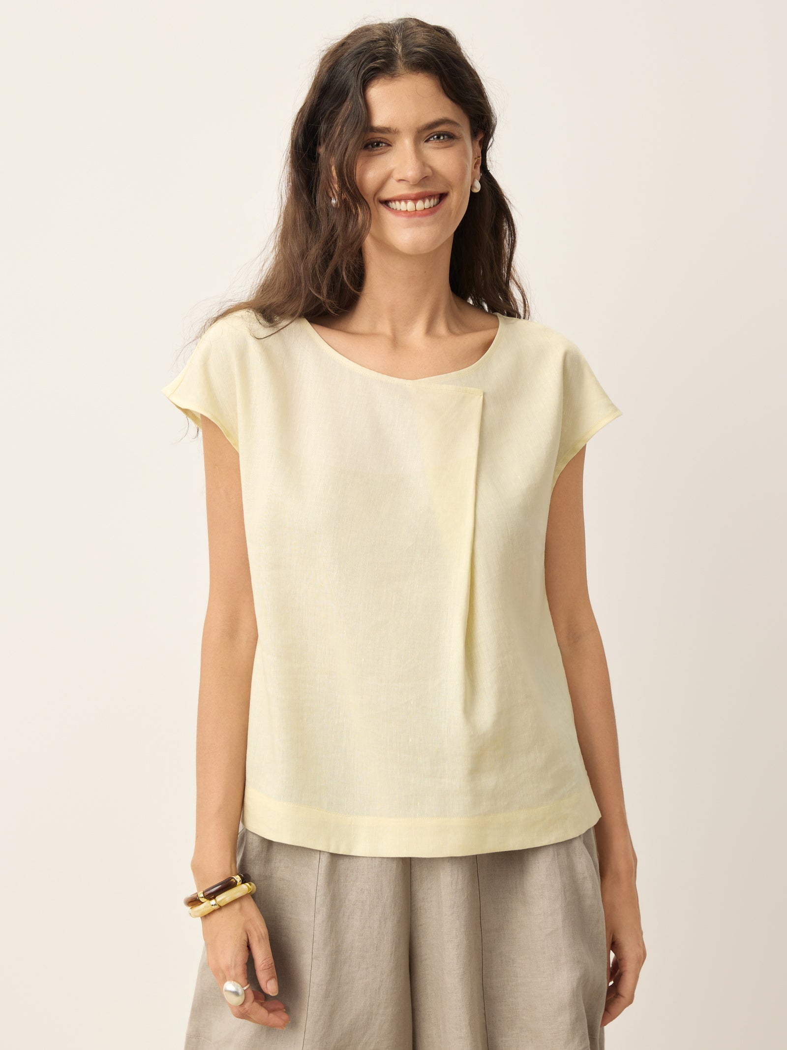 Linen-Lyocell Asymmetric Pleat Cap-Sleeve Top CERELIA by LINTICO for women