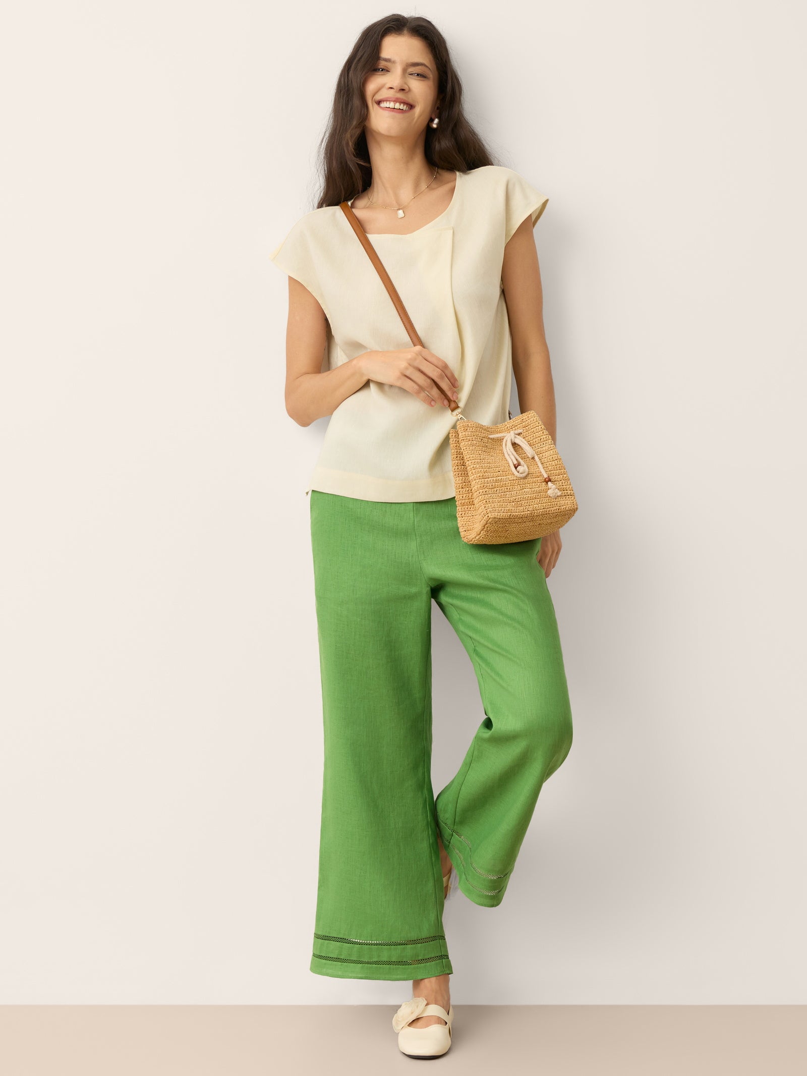 Linen-Lyocell Asymmetric Pleat Cap-Sleeve Top CERELIA by LINTICO for women