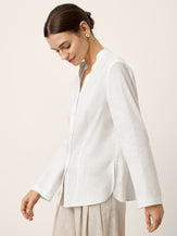 White Linen-Lyocell Mandarin Collar Fitted Seam Shirt THORA by LINTICO