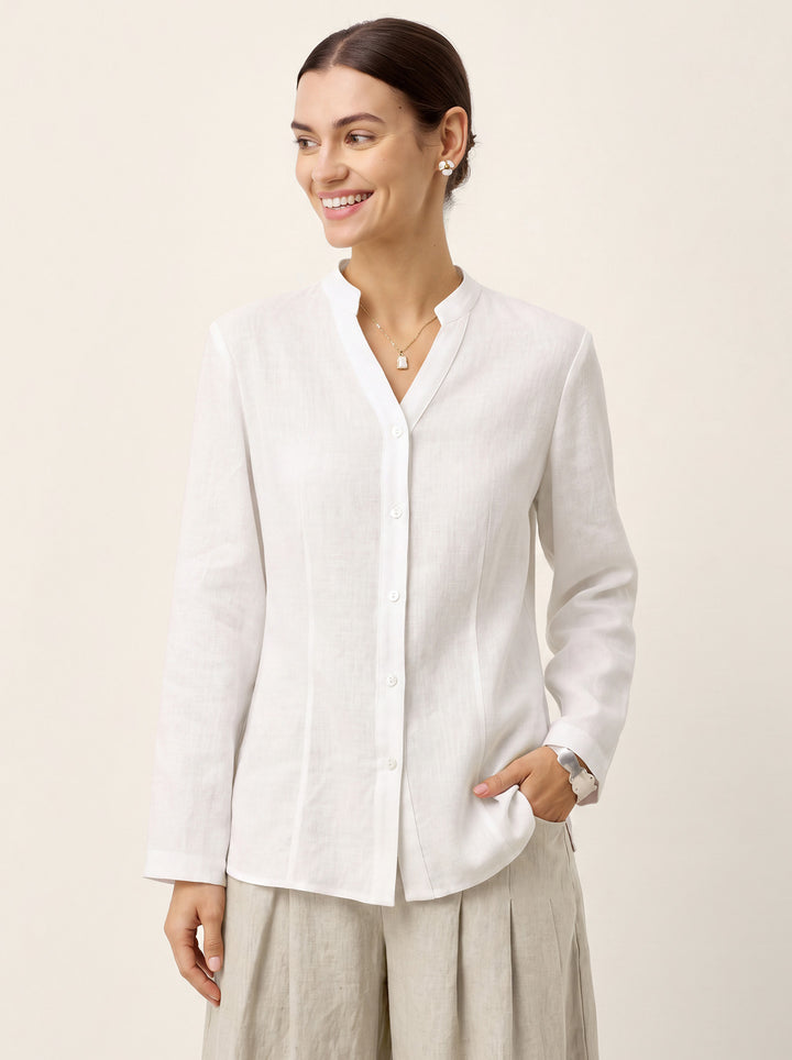 Linen-Lyocell Mandarin Collar Fitted Seam Shirt THORA