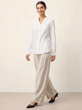 White Linen-Lyocell Mandarin Collar Fitted Seam Shirt THORA by LINTICO