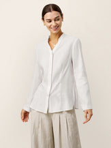 White Linen-Lyocell Mandarin Collar Fitted Seam Shirt THORA by LINTICO