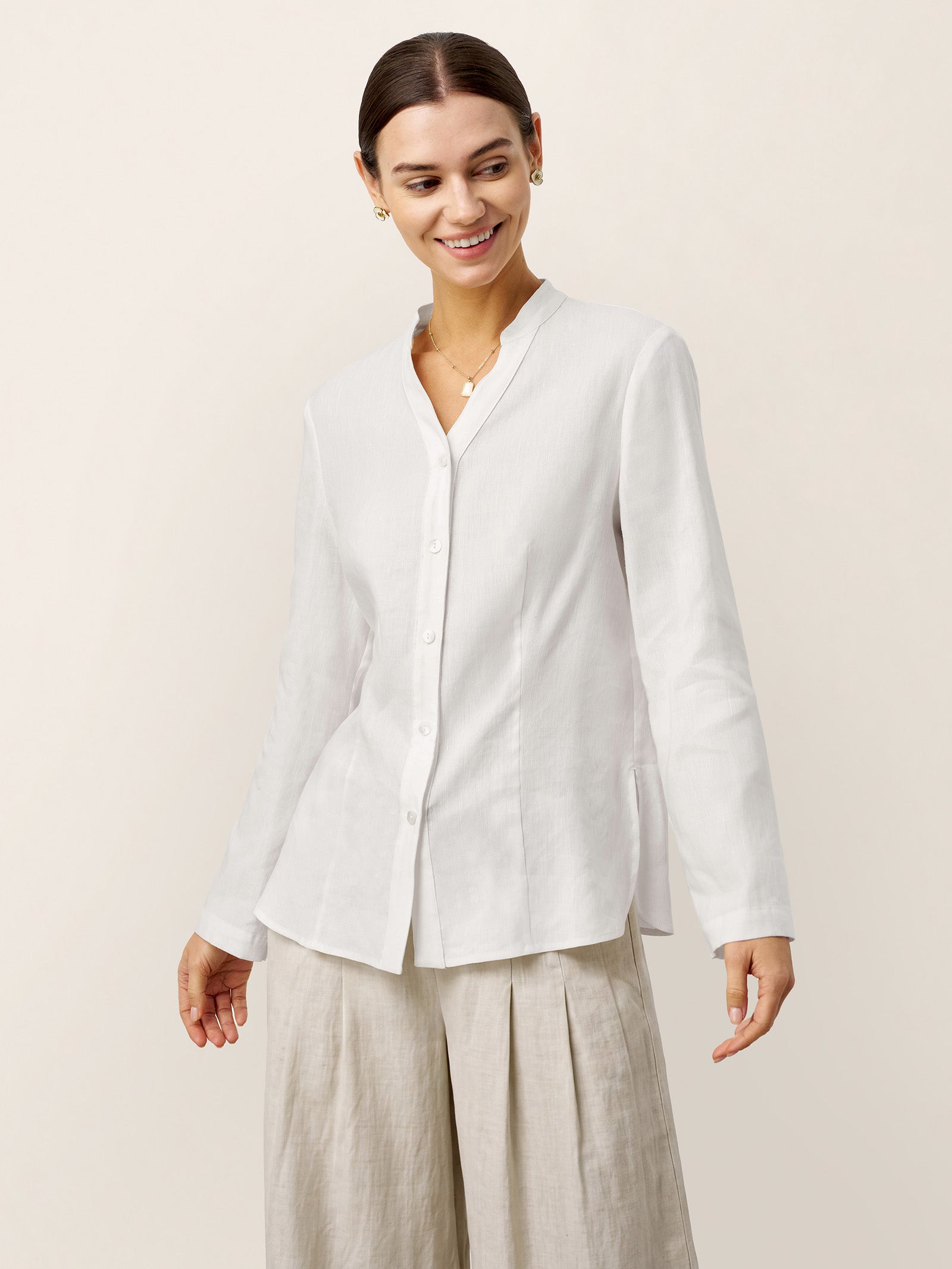 White Linen-Lyocell Mandarin Collar Fitted Seam Shirt THORA by LINTICO