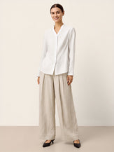 White Linen-Lyocell Mandarin Collar Fitted Seam Shirt THORA by LINTICO