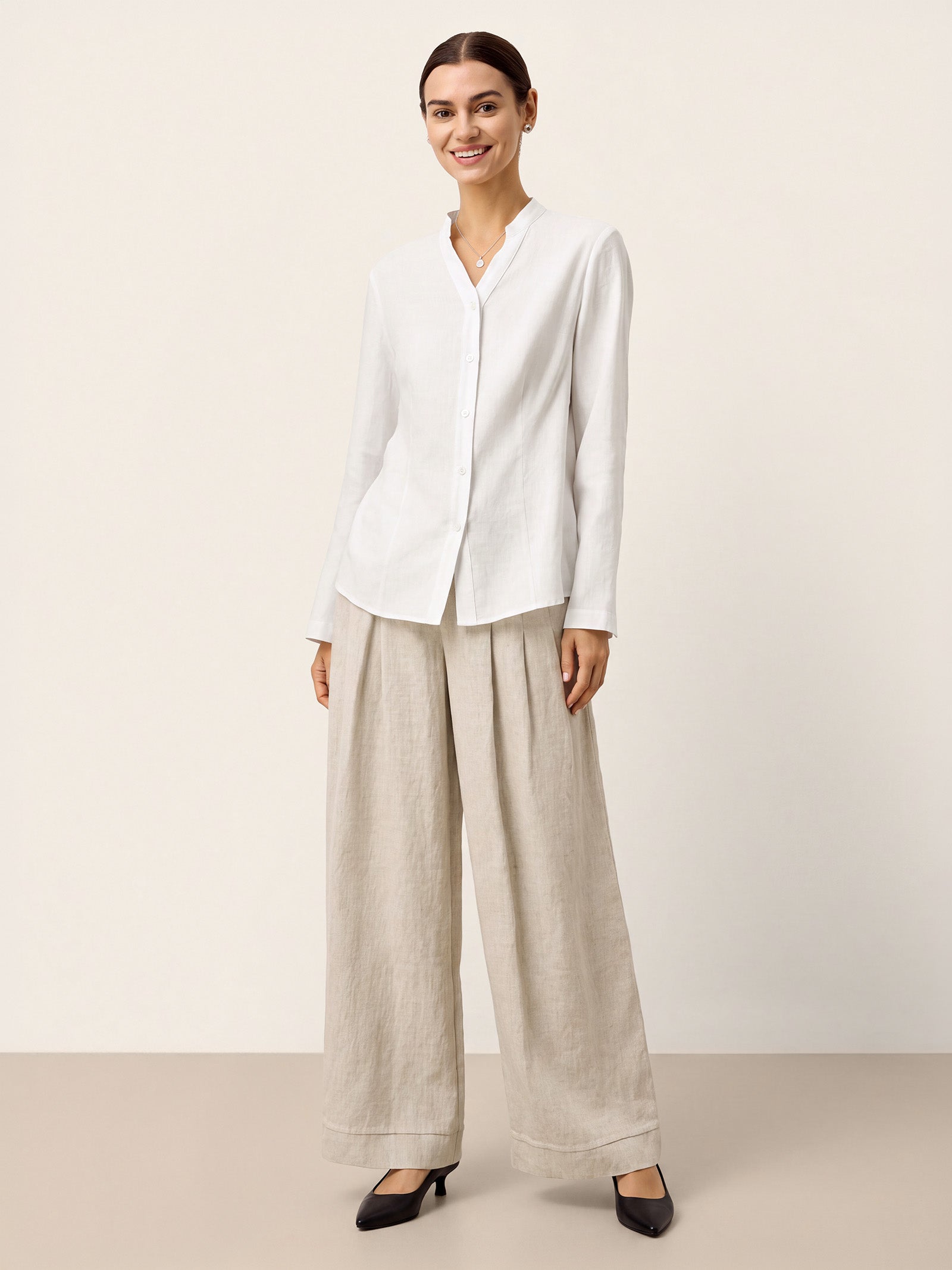 White Linen-Lyocell Mandarin Collar Fitted Seam Shirt THORA by LINTICO