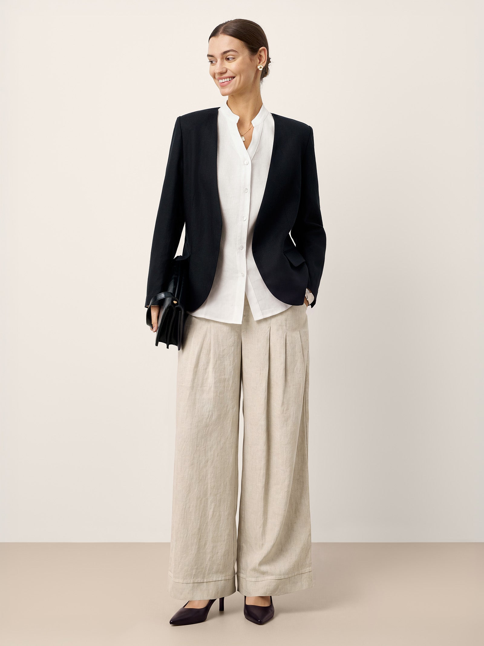White Linen-Lyocell Mandarin Collar Fitted Seam Shirt THORA by LINTICO