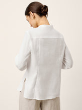 White Linen-Lyocell Mandarin Collar Fitted Seam Shirt THORA by LINTICO