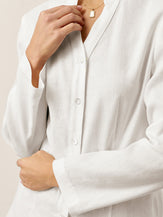 White Linen-Lyocell Mandarin Collar Fitted Seam Shirt THORA by LINTICO