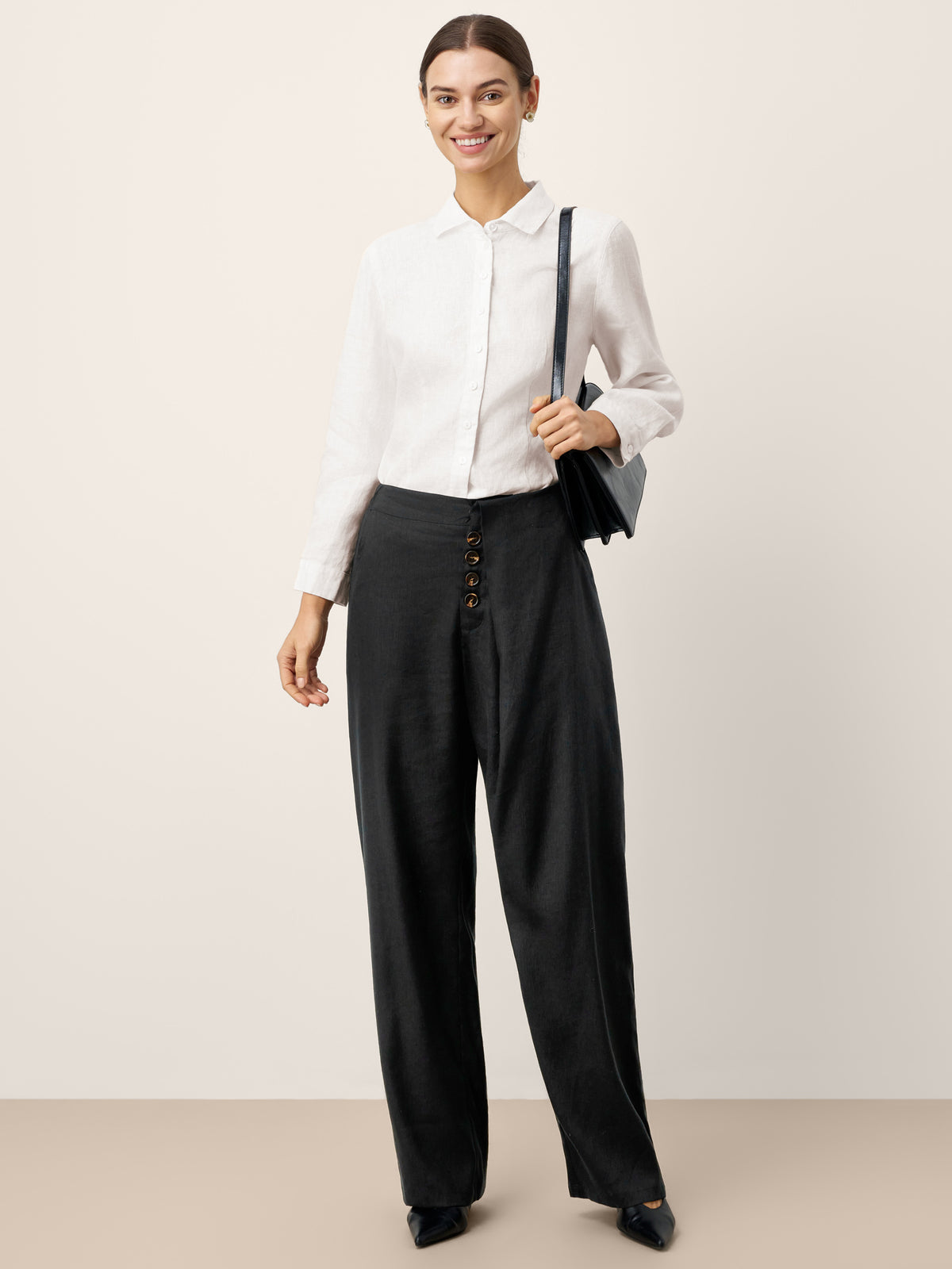 Linen-Lyocell Asymmetric Placket Straight Pants SAFFRON by LINTICO for women