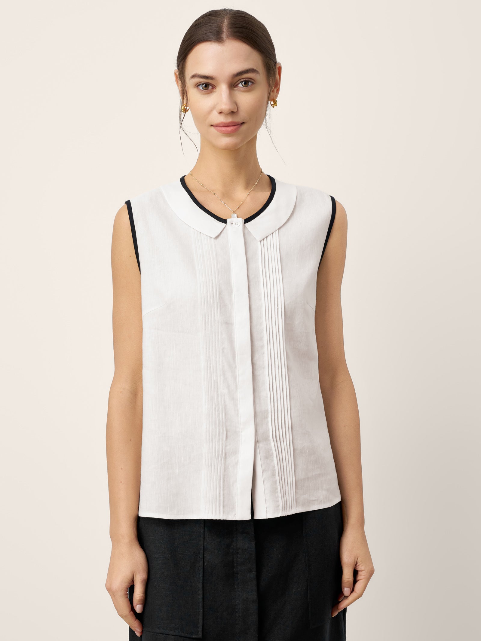 Linen-Lyocell Contrast Trim Pleated Sleeveless Top JUNIPER