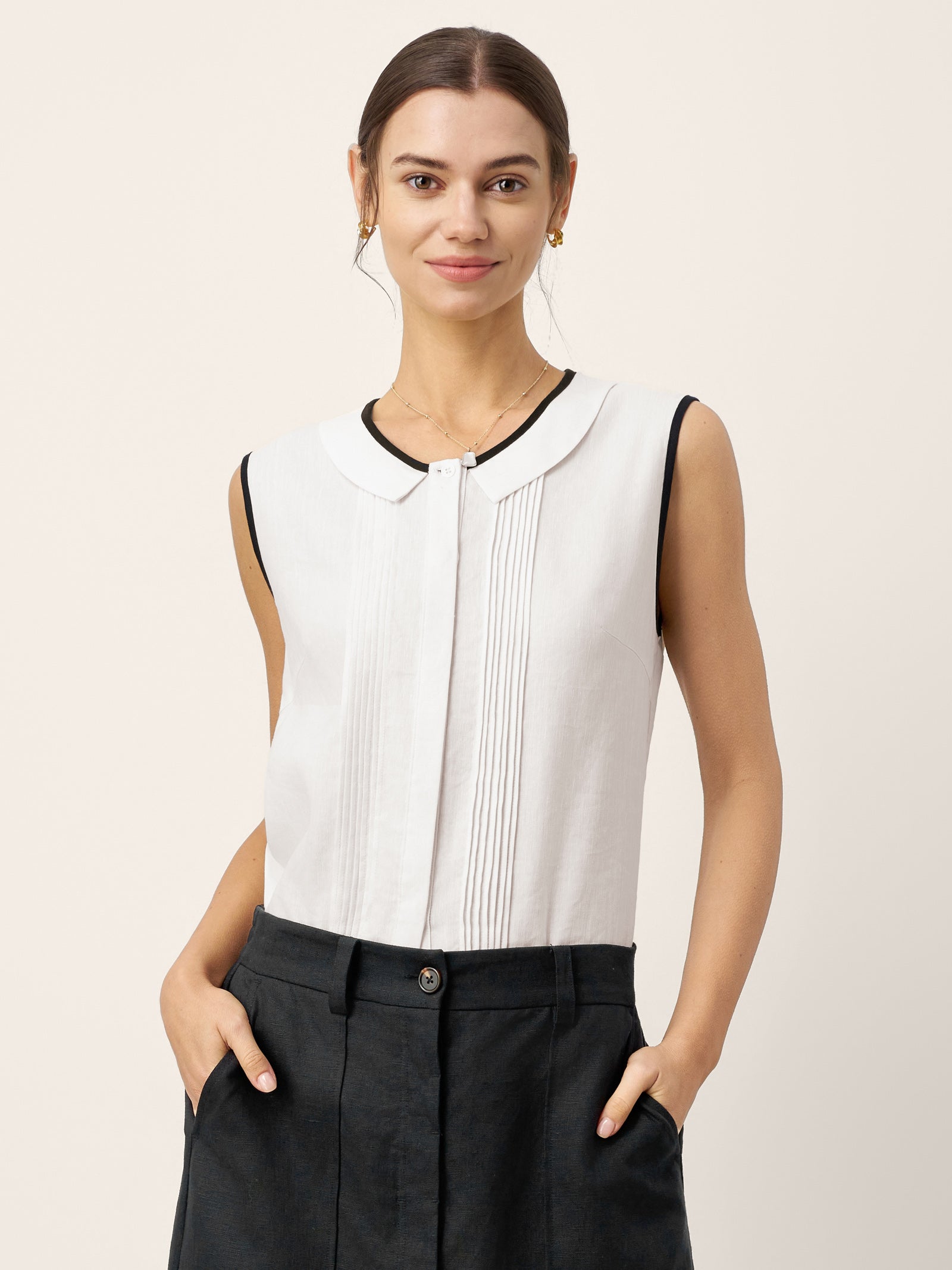 Linen-Lyocell Contrast Trim Pleated Sleeveless Top JUNIPER