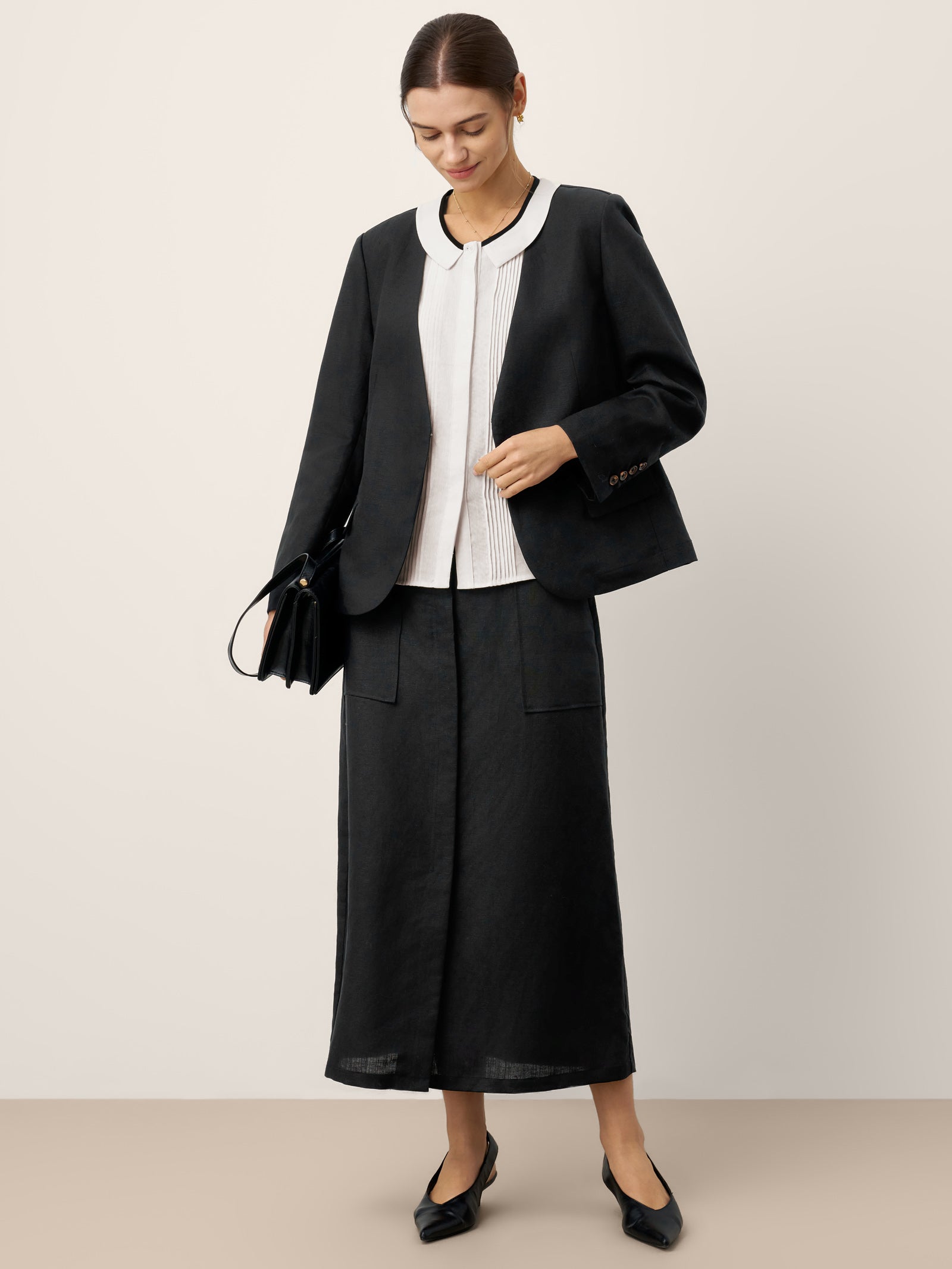 Linen-Lyocell Contrast Trim Pleated Sleeveless Top JUNIPER