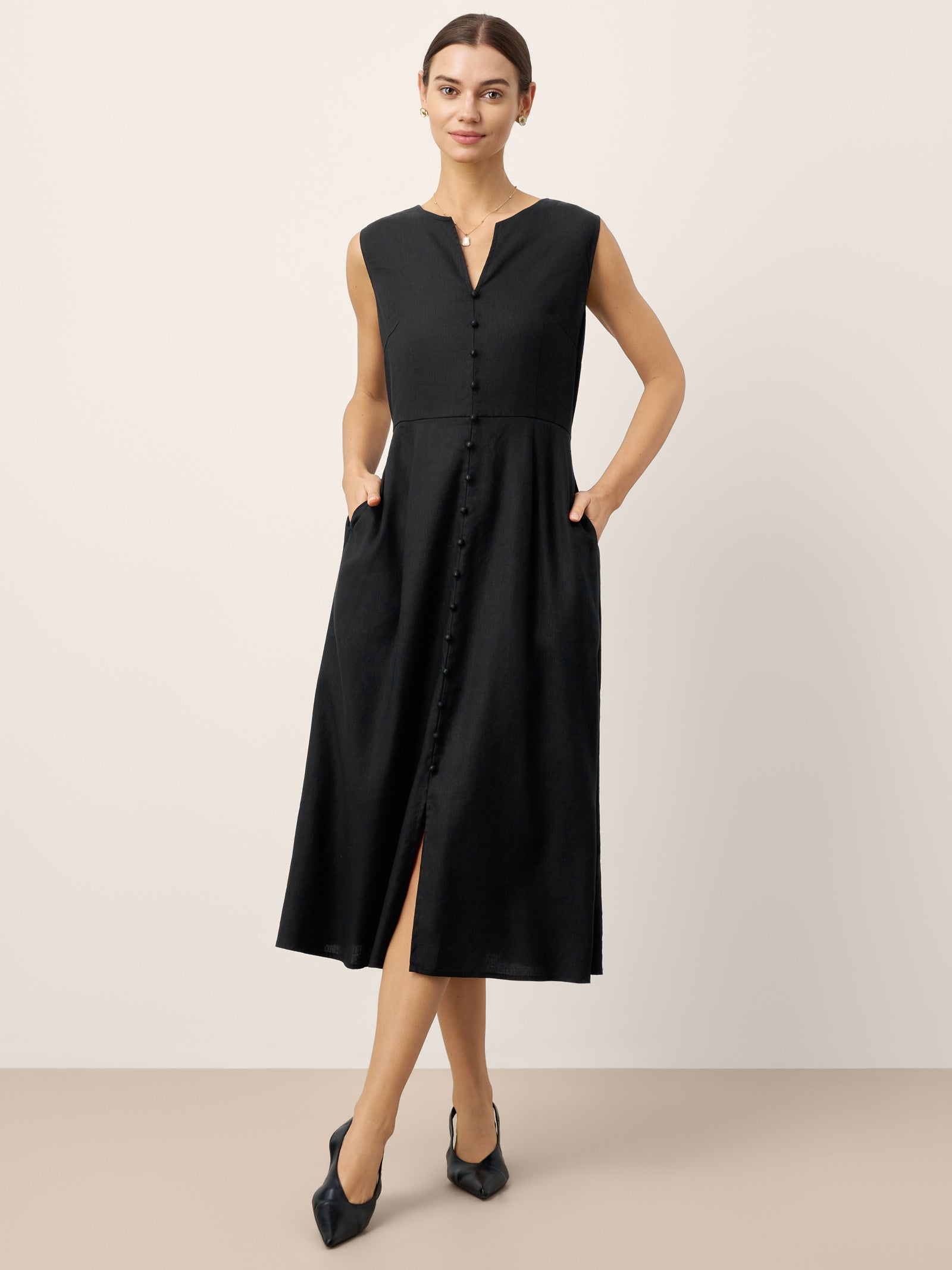 Linen-Lyocell V-Neck Sleeveless Maxi Dress WILLOW