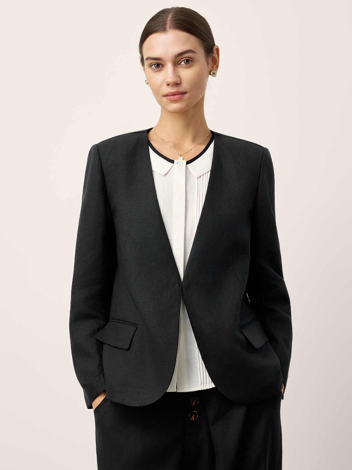 Linen Lyocell Relaxed V neck Tailored Blazer VERITY