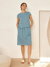 Linen Blend Cap Sleeve Top And Pencil Skirt Set VEDA - SETS-Linen Sets