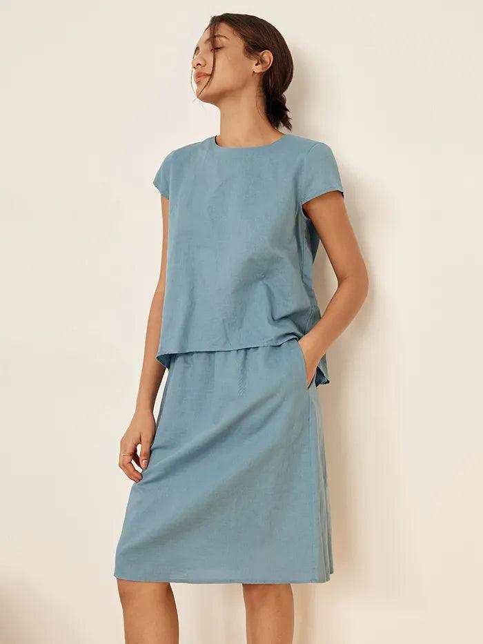 Linen Blend Cap Sleeve Top And Pencil Skirt Set VEDA - SETS-Linen Sets