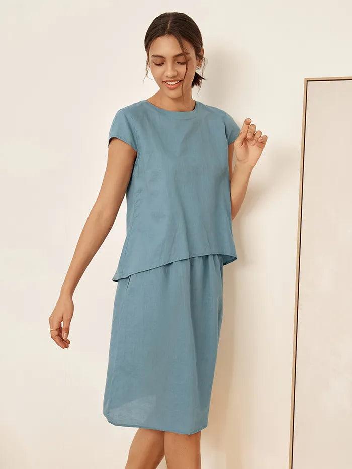 Linen Blend Cap Sleeve Top And Pencil Skirt Set VEDA - SETS-Linen Sets