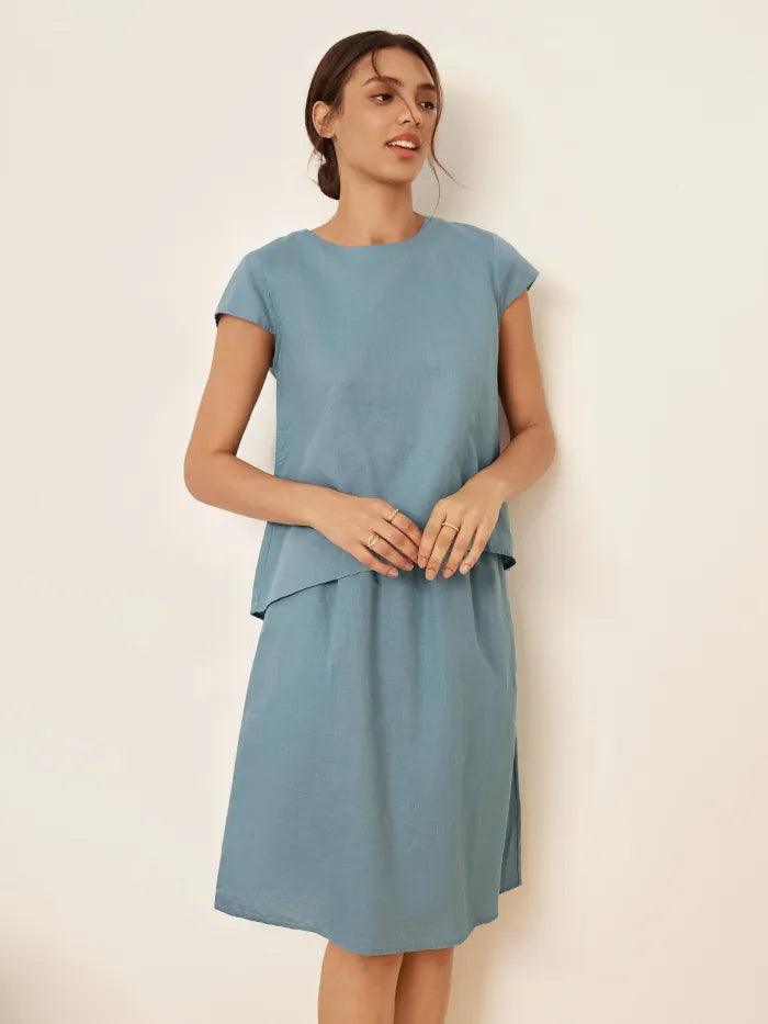 Linen Blend Cap Sleeve Top And Pencil Skirt Set VEDA - SETS-Linen Sets